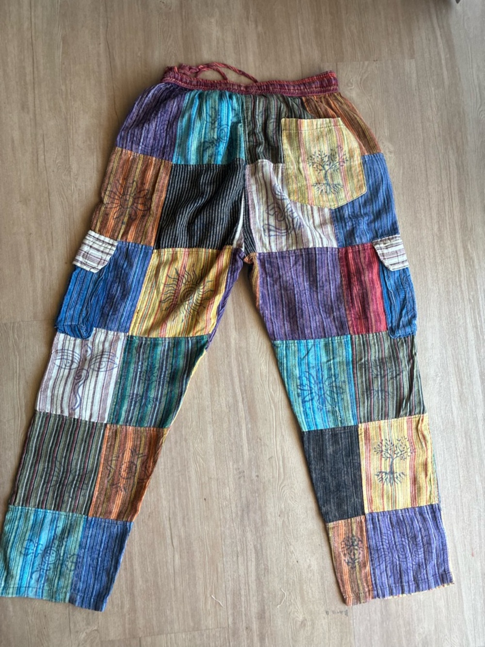 Rising International colorful hippie cotton Patchwork drawstring Pants unisex L - Picture 10 of 16